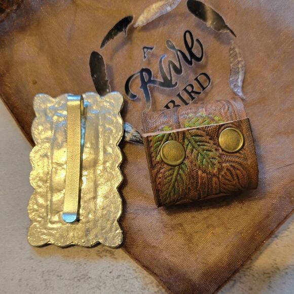 Western Southwestern Hat Hugger Wild Rag Scarf Slide Rectangle 6 Stone Concho - Picture 2 of 7